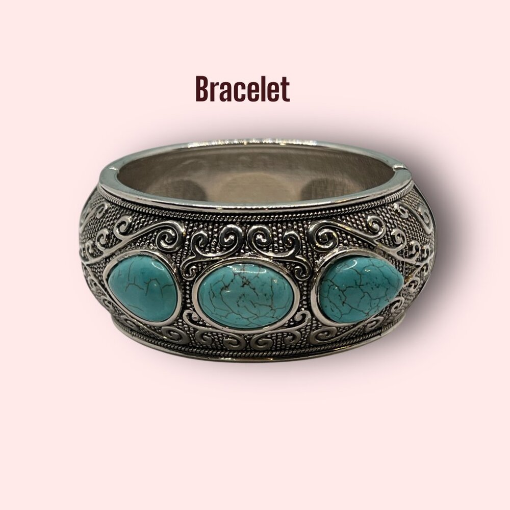 Silver Tone Cuff Bracelet Turquoise Color Stone Spring Closure
